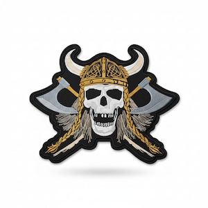May include: Embroidered patch featuring a skull wearing a Viking helmet with horns and braided hair. Two crossed axes are behind the skull. The patch has a black border and is suitable for jackets, bags, or other apparel.