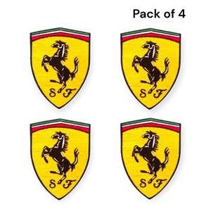 May include: A pack of 4 shield-shaped embroidered patches featuring a yellow background, a black prancing horse, and the letters SF at the bottom. The top of each patch displays horizontal stripes in green, white, and red. The text Pack of 4 is visible.