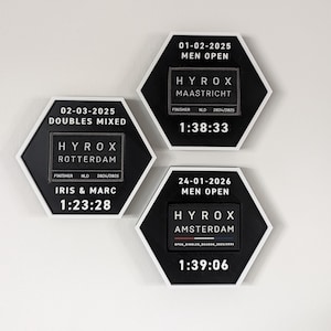 Personalized hexagonal patch holder for your HYROX finisher patch – with name, time, and date