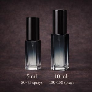May include: Two rectangular glass spray bottles with black caps and a black-to-clear gradient finish. The smaller bottle is labeled 5 ml and 50-75 sprays, while the larger bottle is labeled 10 ml and 100-150 sprays, indicating their respective capacities.