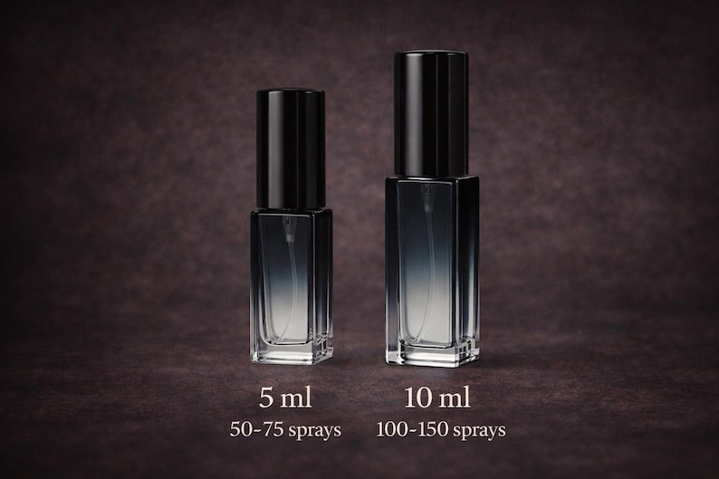 May include: Two rectangular glass spray bottles with black caps and a black-to-clear gradient finish. The smaller bottle is labeled 5 ml and 50-75 sprays, while the larger bottle is labeled 10 ml and 100-150 sprays, indicating their respective capacities.
