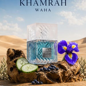 May include: A square glass perfume bottle labeled LATTAFA KHAMRAH WAHA, featuring a textured geometric pattern. It is displayed with sliced cucumbers, dark berries, and a purple iris flower on a piece of driftwood, with text listing ingredients.