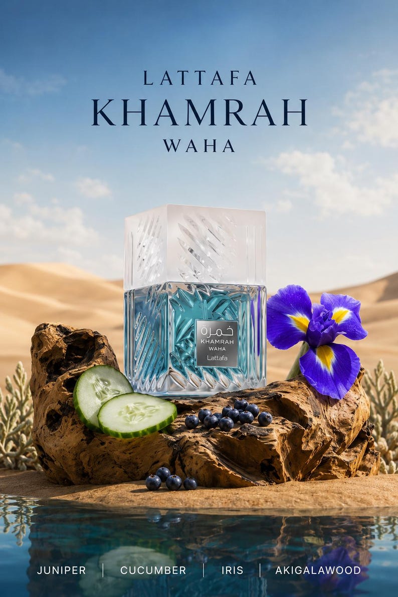 May include: A square glass perfume bottle labeled LATTAFA KHAMRAH WAHA, featuring a textured geometric pattern. It is displayed with sliced cucumbers, dark berries, and a purple iris flower on a piece of driftwood, with text listing ingredients.