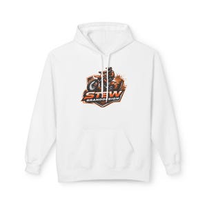 May include: White hooded sweatshirt with a front graphic. The graphic features a motorcycle with a rider, in shades of orange and brown, with the text "STEW BRANDDESIGN" in a shield shape.