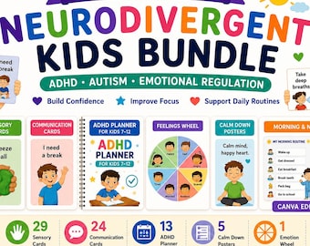 Paquete para niños neurodivergentes / Materiales imprimibles sobre TDAH, autismo y regulación emocional (descarga digital)