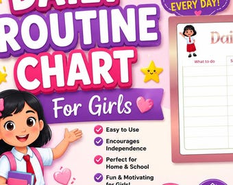 Girls Daily Routine Chart | Kids Visual Schedule, Morning Bedtime Checklist (Digital Download)