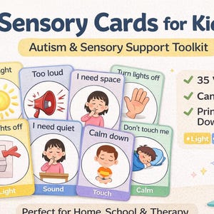 Może przedstawiać: Zestaw kart sensorycznych dla dzieci, zawierający ilustracje i podpowiedzi tekstowe do zarządzania bodźcami sensorycznymi. Karty dotyczą światła, dźwięku, dotyku i spokoju, z laptopem wyświetlającym logo Canva. Tekst brzmi "Sensory Cards for Kids".