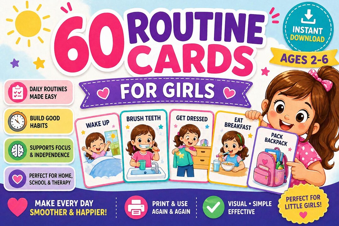 Girl Routine Cards Girls Routine Cards | ADHD Autism Visual Schedule, 60 Daily Behavior ...