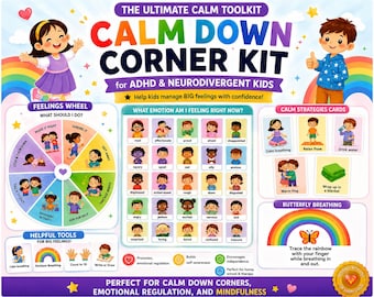 Kit de relajación para niños con TDAH y neurodivergencia / Rueda de emociones, póster de emociones (descarga digital)