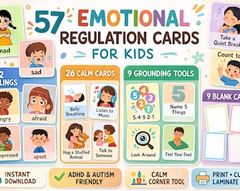Tarjetas de regulación emocional para niños / TDAH, autismo, niños neurodivergentes / Herramientas para un rincón de calma (descarga digital)