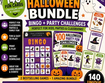 Pacchetto di giochi di bingo e sfide per Halloween / Giochi stampabili per bambini (PDF)