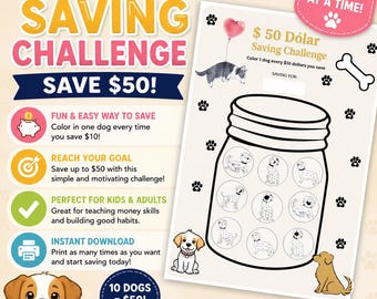 Afdrukbare spaartracker voor honden | Kids Money Challenge, toeslagentabel (digitale download)