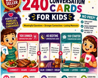 Bundel 240 gesprekskaarten voor kinderen | Diner, bedtijd, beginnersvragen (digitale download)