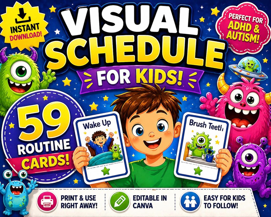 Monster Alien Visual Schedule for Kids | ADHD Autism Routine Chart ...
