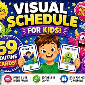 May include: A colorful visual schedule for kids, featuring a smiling boy holding routine cards. The cards say "Wake Up" and "Brush Teeth". The image includes the text "59 Routine Cards!" and "Perfect for ADHD & Autism!"