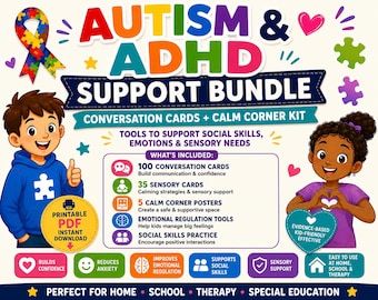 Paquete de apoyo para el autismo y el TDAH / Kit para crear un rincón de calma, tarjetas de conversación (descarga en PDF)