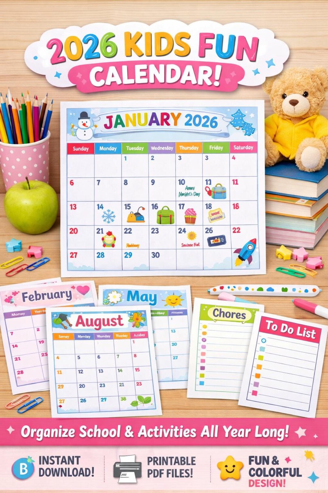 2026 Kids Fun Calendar Bundle | Colorful School Planner (PDF Download ...