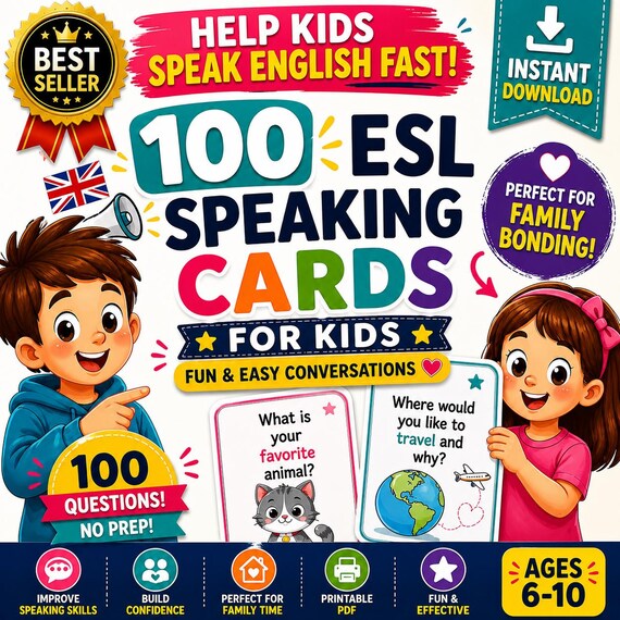 ESL Speaking Cards for Kids | 100 Questions | English Practice Printable