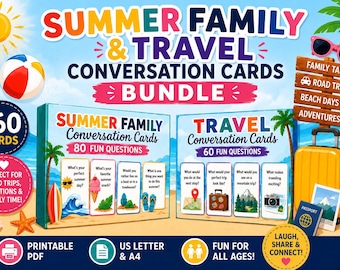 Paquete de tarjetas de conversación para viajes familiares de verano / 140 preguntas (PDF imprimible)