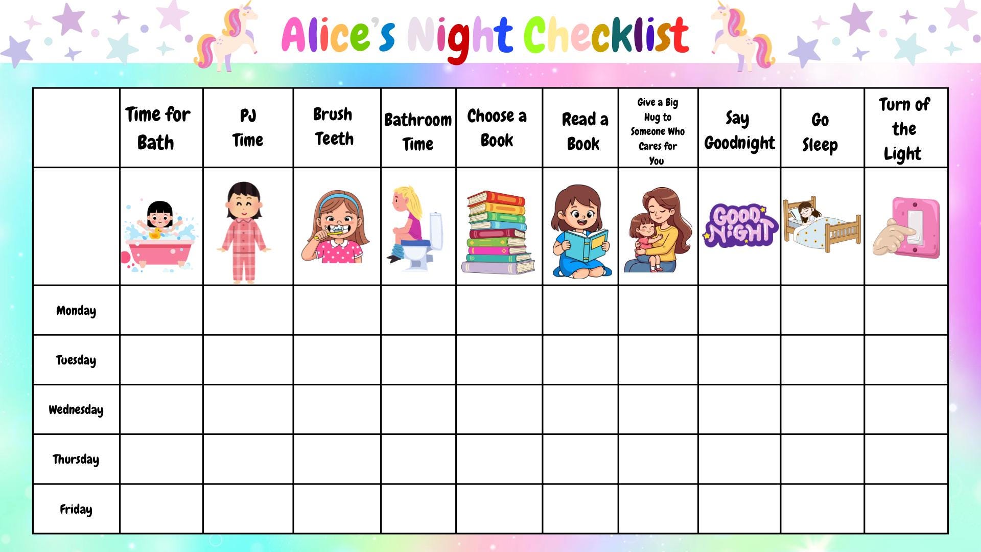 Girls Routine Chart | ADHD Friendly | Unicorn Princess Rainbow Visual ...