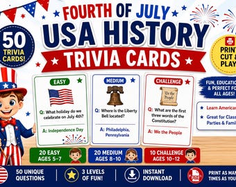 Trivia-kaarten voor de geschiedenis van de VS op 4 juli voor kinderen (pdf) | Spel van 5-12 jaar