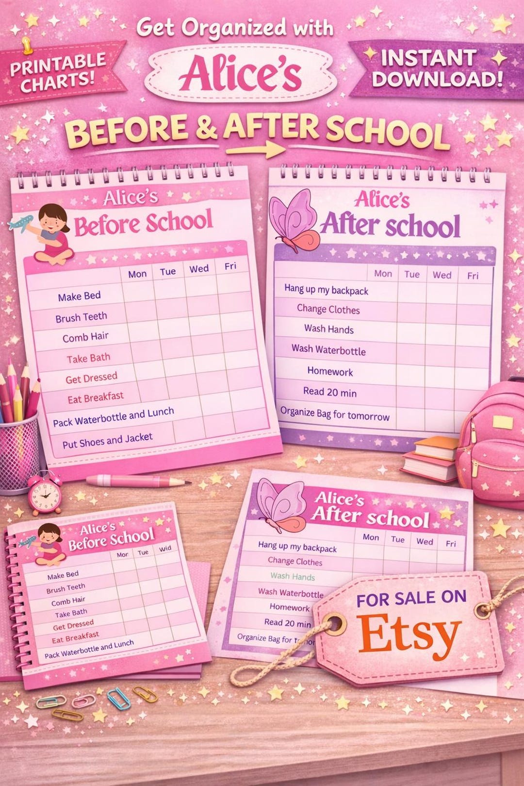 Girls Routine Chart | Before & After School Schedule Printable (PDF) - Etsy