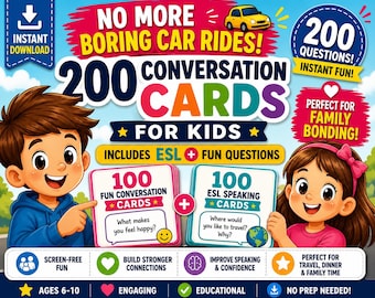 Paquete de 200 tarjetas de conversación y expresión oral para niños (inglés como segundo idioma) / Edades de 6 a 10 años (PDF imprimible)