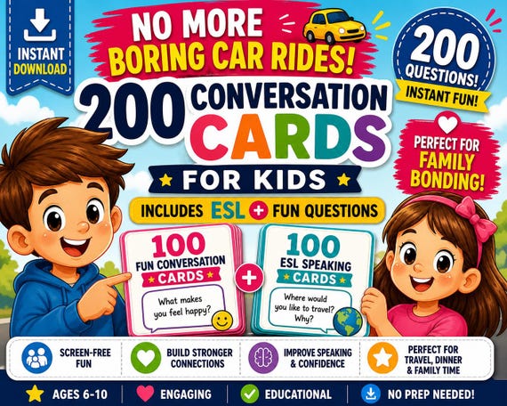 200 Kids Conversation & ESL Speaking Cards Bundle | Ages 6-10 (Printable PDF)