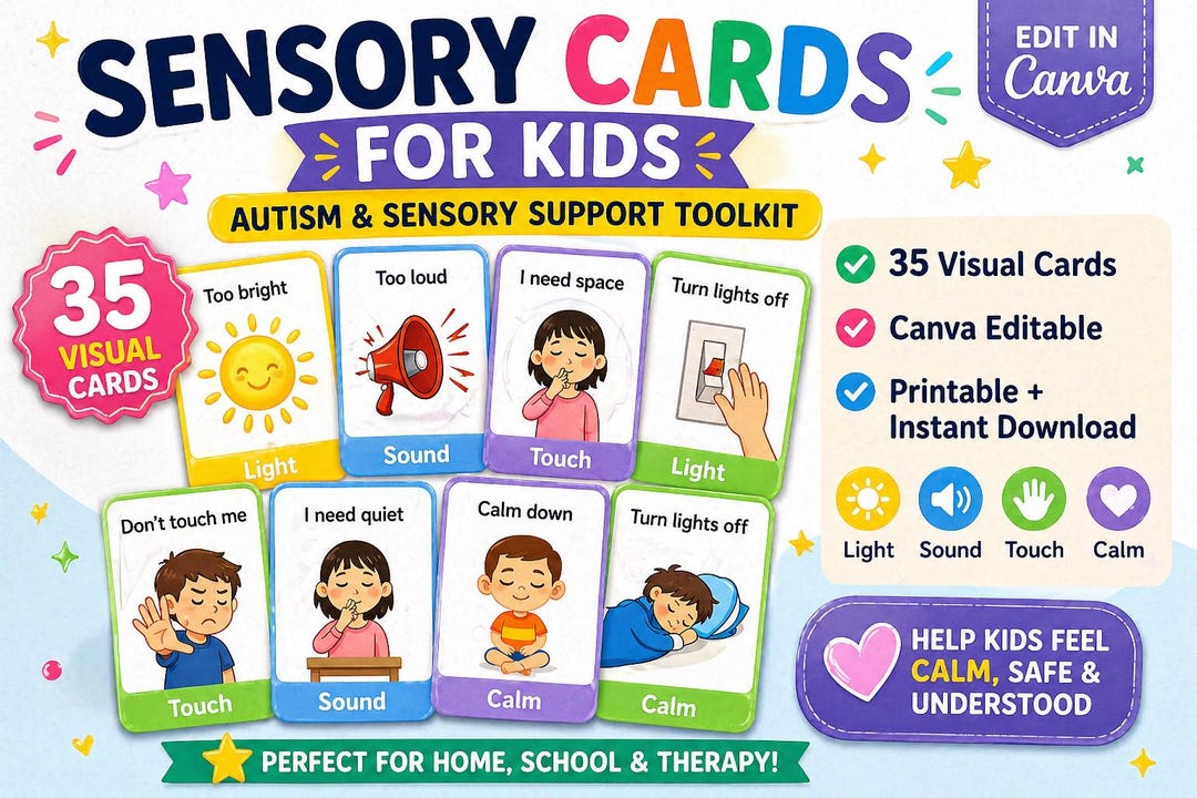 Editable Sensory Cards for Kids | Autism, ADHD Visual Support (canva ...