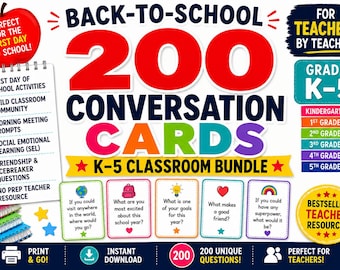 200 tarjetas de conversación para la vuelta al cole (K-5) / Preguntas para romper el hielo, debate sobre aprendizaje socioemocional (descarga digital)