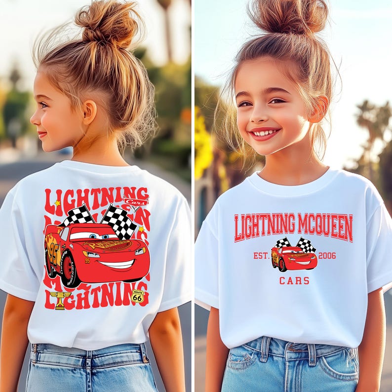 May include: White t-shirt featuring Lightning McQueen from the Cars movie. The front design includes the text "Lightning McQueen" and a small image of the car. The back of the shirt has a larger graphic of the car with the text "Lightning" and "Cars".