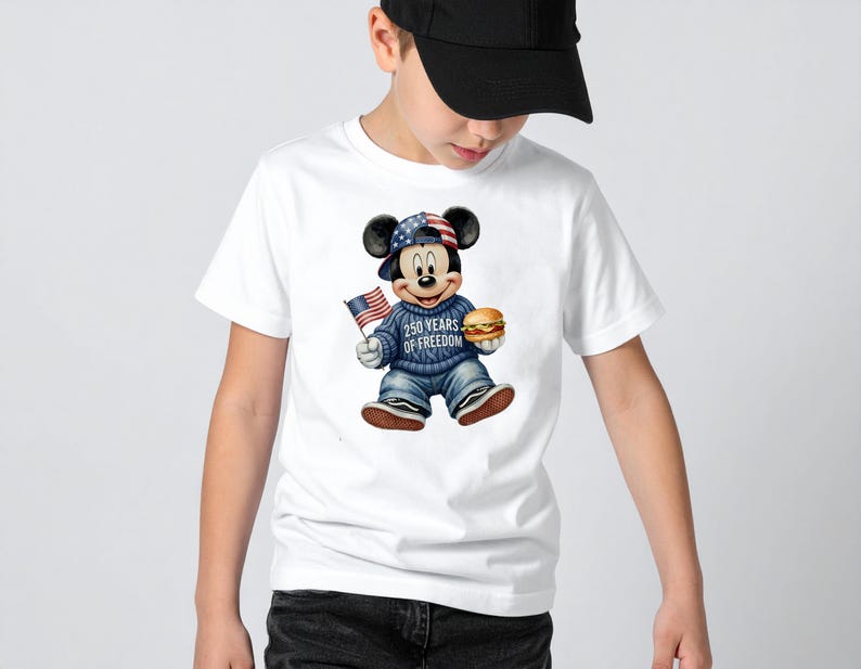 May include: White t-shirt featuring a cartoon Mickey Mouse design. Mickey is wearing a patriotic hat and sweater, holding an American flag and a hamburger. The sweater reads "250 Years of Freedom".