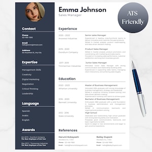 May include: A professional resume template with a photo, contact details, and sections for experience, expertise, and education. The resume is in a dark blue color scheme with white text. A pen is placed on the right side of the resume.