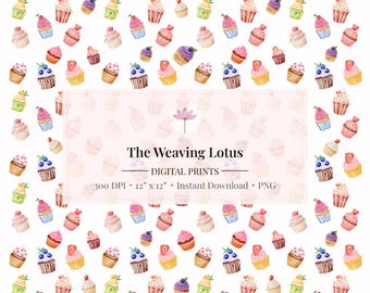 Hand-Drawn Cupcake Seamless Pattern, Pastel Dessert Digital Paper (PNG Download)