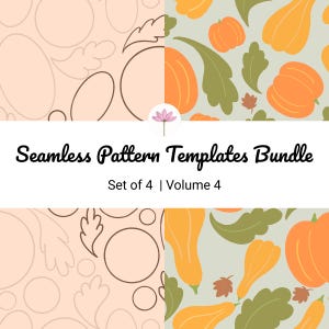 May include: A digital bundle of four seamless pattern templates featuring two distinct designs. One design displays brown line art of pumpkins and leaves on a light peach background, while the other shows colorful orange pumpkins and green leaves.