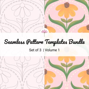 May include: A digital bundle of seamless pattern templates featuring a floral motif. The design includes yellow flowers with green leaves on a light pink background, alongside a black and white line art version. Text reads: Seamless Pattern Templates Bundle Set of 3 | Volume 1.