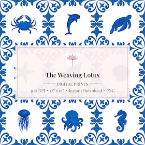 May include: Digital print featuring a repeating pattern of blue sea creatures and decorative elements on a white background. The design includes a crab, dolphin, turtle, jellyfish, octopus, and seahorse. The text "The Weaving Lotus" is displayed, along with "DIGITAL PRINTS" and dimensions of 12" x 12".
