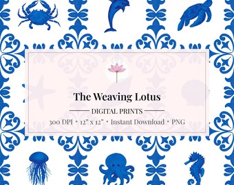 Blue White Sea Animals Ceramic Tiles, Mosaic Digital Design (Instant Download)