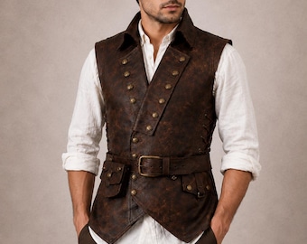 Gilet da uomo in pelle marrone / Gilet vintage in pelle / Gilet steampunk / Gilet da cowboy western / Gilet medievale / Costume rinascimentale / Bicicletta