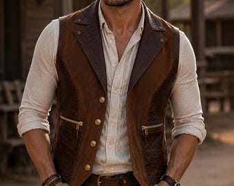 Chaleco de cuero marrón para hombre / Chaleco vaquero estilo western / Chaleco de cuero vintage / Chaqueta estilo rancho rústico / Chaleco motero / Regalo de moda para hombre