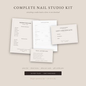 May include: A digital nail studio kit featuring a price list, client intake form, gift certificate, and nail aftercare card. The documents are printed in black text on a light beige background, organized as a set of 18 downloadable PDF files.