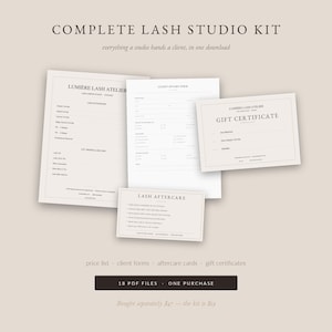 May include: A complete lash studio kit featuring 18 PDF files including a price list, client intake form, gift certificate, and lash aftercare card. The documents are printed in black text on a light beige background with the Lumière Lash Atelier branding.