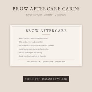 Microblading eftervårdskort, utskrivbara, mall för PMU-brynsklient, permanent makeup-studio