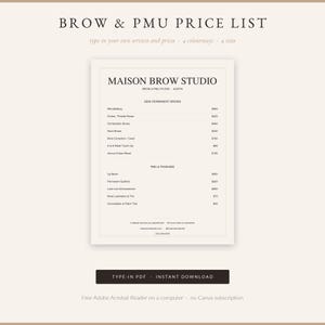 Op de afbeelding: Een digitale prijslijstsjabloon getiteld BROW & PMU PRICE LIST voor Maison Brow Studio. Het document bevat secties voor Semi-Permanent Brows en PMU & Finishing diensten met bewerkbare tekstvelden voor namen en prijzen.