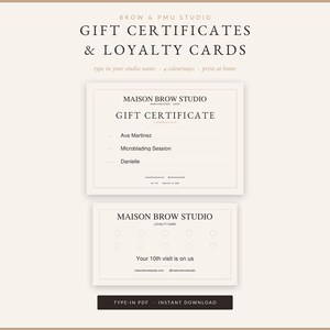 Può includere: Un set di modelli digitali per uno studio di sopracciglia e PMU che include un buono regalo e una carta fedeltà. Il buono regalo presenta campi per nomi e servizi, mentre la carta fedeltà ha dieci cerchi per tracciare le visite con il testo Your 10th visit is on us.