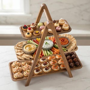 Puede incluir: Una bandeja de madera de tres niveles llena de una variedad de aperitivos. El nivel superior contiene pasteles y macarons, el nivel intermedio tiene salsas, verduras y pan de pita, y el nivel inferior presenta pequeños bocados y trufas.