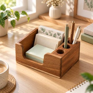 May include: A wooden desk organizer featuring a square compartment filled with stacks of paper notes and a side section with three cylindrical holes holding a sage green pen, a brown pen, and a white pen, all with gold-toned metal accents.