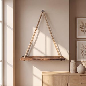 Puede incluir: Una estantería flotante de madera rústica, suspendida por una gruesa cuerda natural. La estantería es de color marrón oscuro y parece estar hecha de una sola pieza de madera. La cuerda está sujeta a un gancho metálico en la pared.