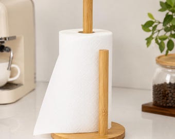 Bamboo Paper Towel Holder, Minimalist Kitchen Countertop Organizer, Natural Wood Stand