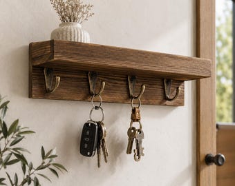 Rustic Wooden Key Holder Shelf, Farmhouse Entryway Organizer Hooks